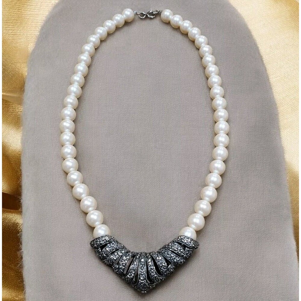 Vintage Avon Necklace Classic Drama Faux Pearl Marcasite